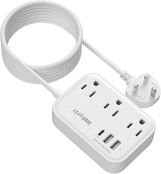 10FT Extension Cord with UK Plug Adapter, US to UK Plug Adapter with 3 Outlets 3 USB Charging Ports USB-C, Type G Travel Adapter for USA to Scotland British London England Irish Dubai