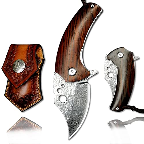 KWINKIN Gentleman Pocket Folding Knife for men 2.1-inch Damascus steel Blade Dalbergia Wood Handle Outdoor Meat Chopping fishing Small machete EDC Camping and field climbing