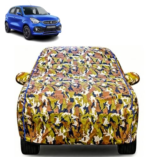 Image of Waterproof Car Body Cover for Maruti Suzuki Celerio with Mirror Pocket| Cotton Inner Lining | Triple Stitched | All Weather Protection | Dust, UV & Rain Proof (Camouflage with Blue Piping)