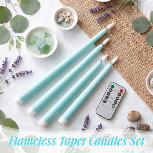 Image of Rossesay 16 Pcs Teal Flameless Taper Candles Battery Operated Candles with Remote Timer 8.5 inch 9.6 inch 10.8 inch 12.8 inch LED Flameless Flickering Candlestick for Summer Halloween Christmas Wedding Party Decor