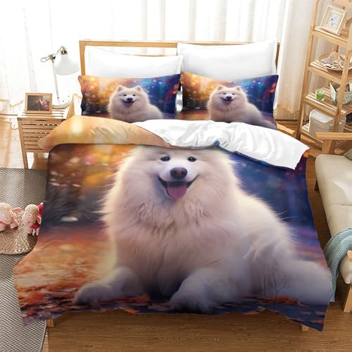 Housse de couette Samoyède 3D 220x240 cm en microfibre avec taies