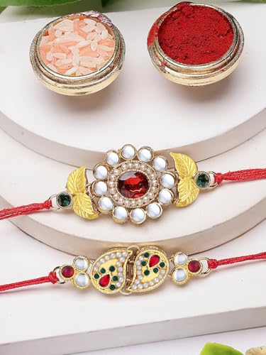 Image of Sukkhi Elegant Kundan Designer Gold Plated Premium Rakhi for Brother, Roli Chawal & Greeting Card | Combo-Set of 2