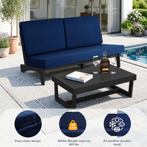 Image of Pia Ricoo 1-Piece Patio Furniture Set, Outdoor Loveseat with 4.5-Inch Thick Cushions, All-Weather Outdoor Sofa for Backyard, Deck, Lawn - Navy /Dark (Split Back)