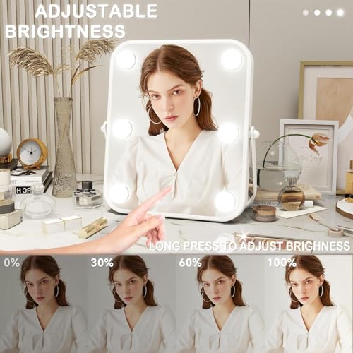 Image of Hollywood Vanity Mirror with Lights, Personal Makeup Mirrors with 6pc LED Bulbs, Cosmetic Mirrors for 3 Color Lighting,Touch Control (White)