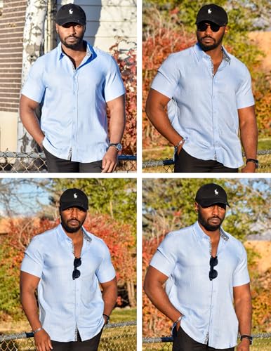 PJ PAUL JONES Men's Button Down Short Sleeve Shirt Casual Summer Beach Textured Wedding Shirts Clear Blue — view 5