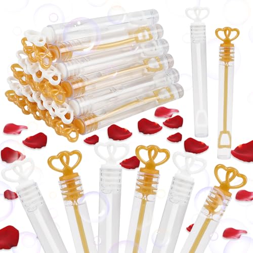 LOKIPA 40PCS Wedding Bubbles Wands Bulk, Mini Bubble Party Favors White and Gold Heart Bubble Wands for Guest Anniversary Supplies Valentines Day Party Decoration Supply