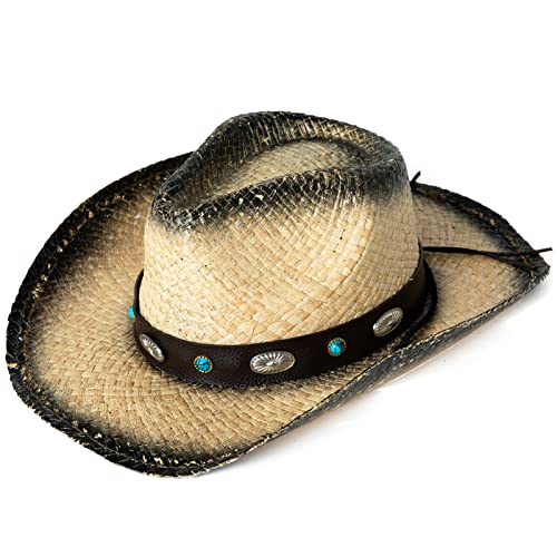 Image of Comhats Western Style Round Cowboy Straw Hat Ladies Fedora Chin Cord Vegan Leather Band Shapeable Brim Beach Cowgirl