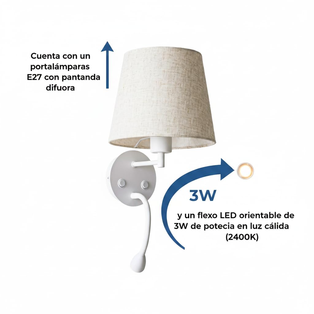 BARCELONA LED Aplique de Pared para Lectura MAR II con Casquillo E27 y Foco LED Flexible 3W 2400K Luz Cálida, Lámpara de Cabecero con Pantalla de Tela, Doble Interruptor, Blanco para Dormitorio