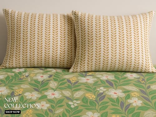 Image of VAS COLLECTIONS 100% Cotton Feel Bedsheet King Size (90x100) with 2 Pillow Covers | Soft, Breathable & Premium Printed (Olive Green)