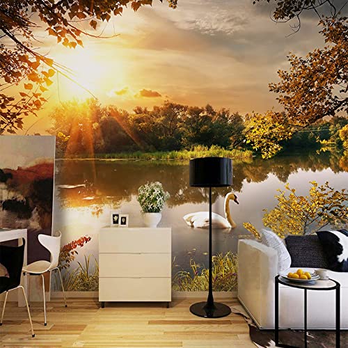 Pastoral Swan Wall Mural, 3D Sunset Lake View Peel And Stick Self-Adhesive Wallpaper, Removable Sticker Home Decor Background Large Art Wall Painting 195"X 120"(W X H) #TOP2
