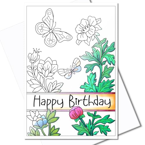 Image of Art Eclect Birthday Cards to Color for Adults - Relaxing Coloring Designs | Happy Birthday Coloring Cards - 10 Different Designs - 10 White Envelopes Included (Birthday /10)