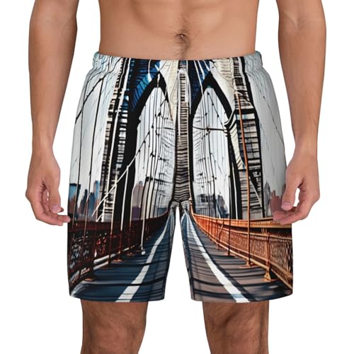 Brooklyn Bridge Print Mens Swim Shorts Trunks Inseam Compression Liner Quick Dry Zipper Pocket White