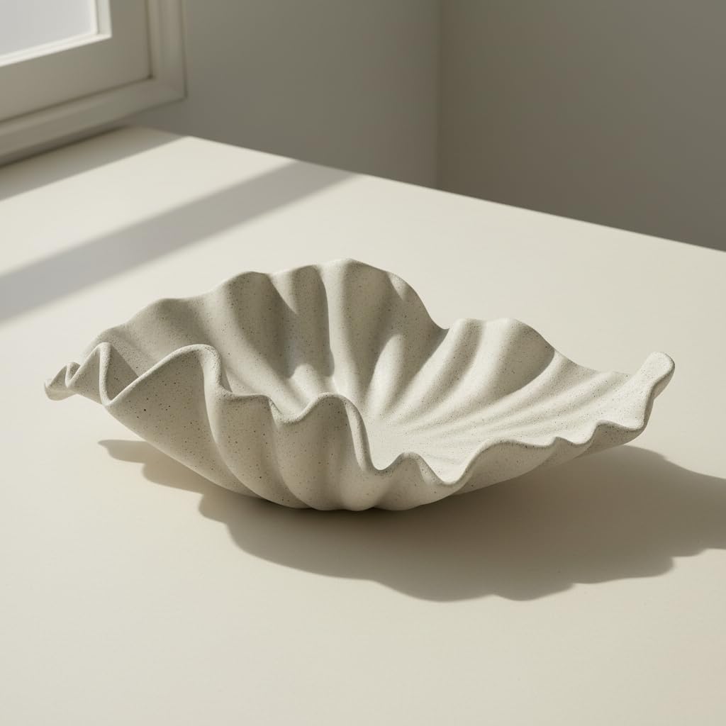 16" Large Decorative Bowl decor, Modern Home Decoration Scallop Bowl,Fashion Key Bowl for Entrance Table, Decorative Fruit Bowl for Kitchen Counter, Ruffle Decor, Light Gray