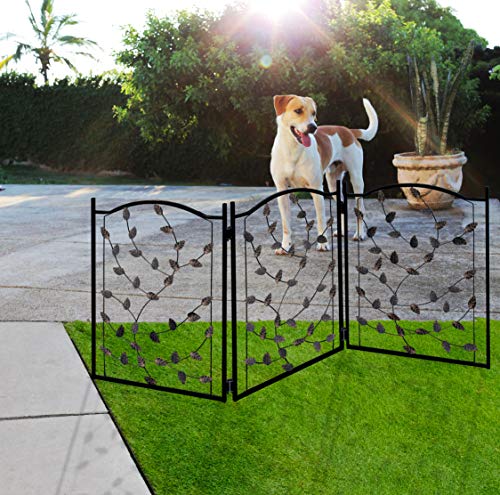 Zoogamo 3 Panel Leaf Design Metal Pet Gate - Durable Lightweight Extra Wide Expandable & Folding Home/Indoor/Outdoor Dog Fence