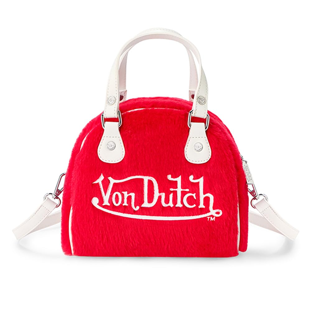 Von Dutch Womens Furry Bowling Bag Purse - Stylish Women's Handbag with Adjustable Strap, Spacious Interior, and Iconic Logo Design (Red Furry)