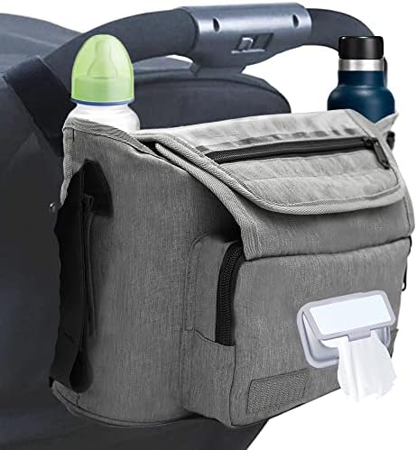 Invenor Pram Organiser 12x6x7 Inches (Grey), Heavy Duty Polyester & Water Resistant Buggy Organiser with Non-Slip Strap - Multi Compartments Pram Bag Storage  Fit for Almost All Prams & Buggies