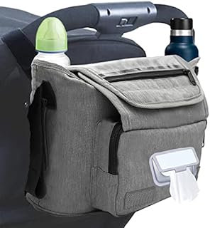 Invenor Pram Organiser 12x6x7 Inches (Grey), Heavy Duty Polyester & Water Resistant Buggy Organiser with Non-Slip Strap - Multi Compartments Pram Bag Storage  Fit for Almost All Prams & Buggies
