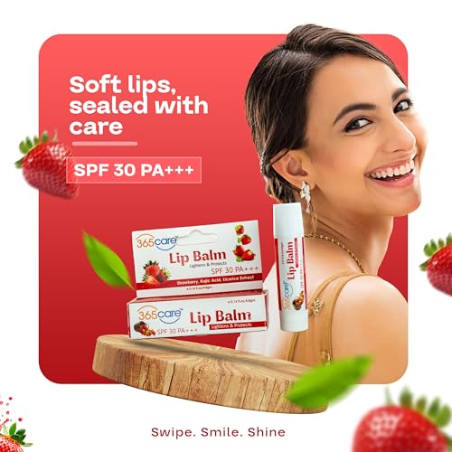 Image of Strawberry Lip Balm for Dark Lips Lightening with SPF 30 PA+++ | Sun Protection & Moisturizing | Lip Balm with Kojic Acid, Vitamin E & Shea Butter | For Men & Women | 4.8g (Pack Of 2)