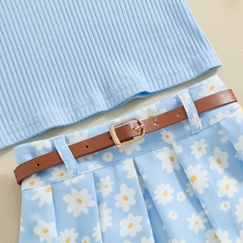 Image of BeQeuewll Toddler Baby Girl Summer Clothes Daisy Flower Girl Outfit Knit Shirt Mini Pleated Skirts Set Outfits for Grils1-4T (Blue, 3-4 Years)