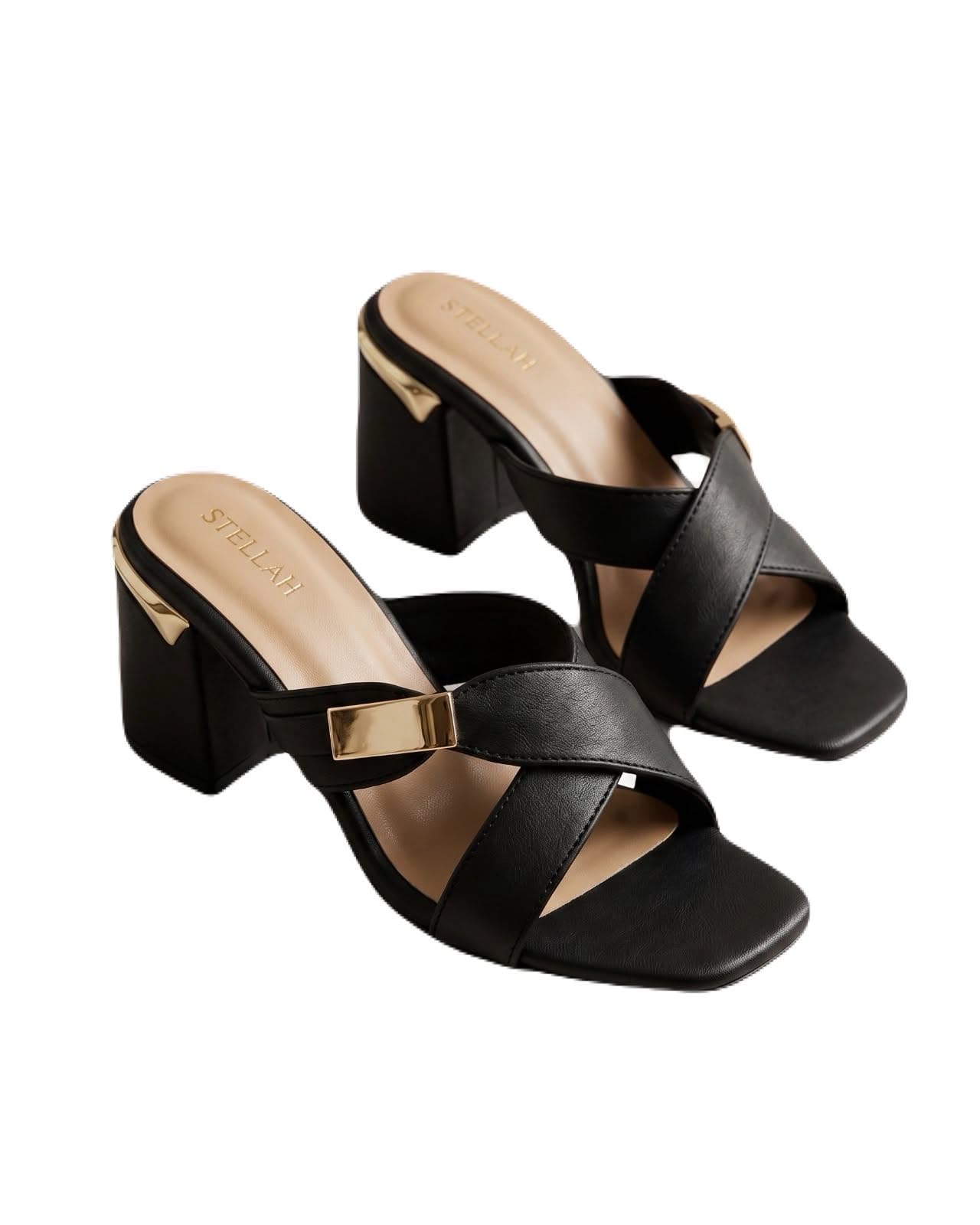 Women’s Black Block Heel Sandals | Elegant Cross Strap Slip-On Heels with Metallic Buckle Detail | Comfortable Open Toe Party, Casual & Occasion Wear Heels for Women-image-22