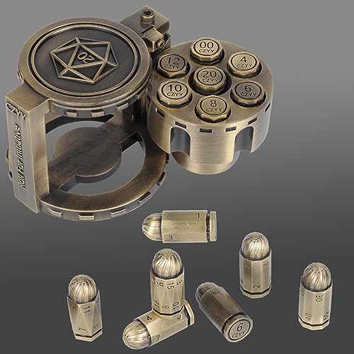Metal Polyhedral Bullet Dice Set of 7 with Spinning Revolver Cylinder Container - Cyberpunk Style Dice for D&D, Sci-Fi, War, or Crime Theme Tabletop Games (Bronze)