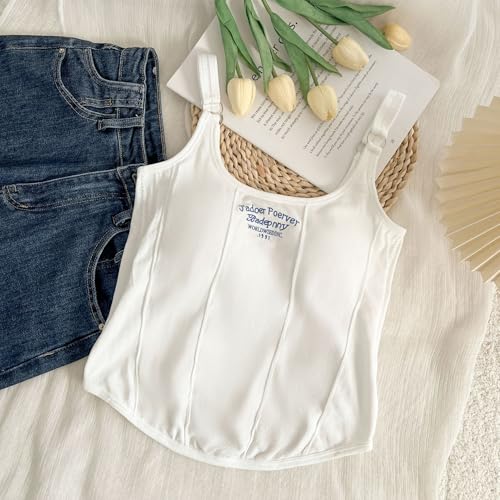 Image of Celary Women's Ribbed Adjustable Strap Camisole Padded ||Soft Stretch Cotton Tank Top Trendy Sleeveless Top for Girls & Women||J'Adore Forever Embroidery||Casual Summer Wear