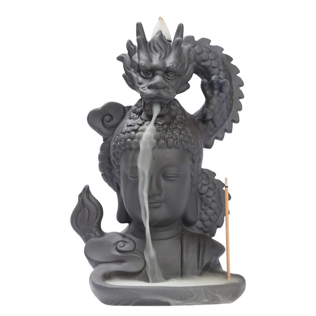 Brûleur d'encens backflow bouddha en céramique violette dragon et nuage cascade