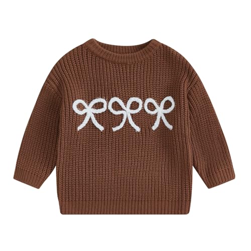 Beautooly Infant Newborn Baby Girl Cute Long Sleeve Bow Embroidery Chunky Knitted Sweater Toddler Fall Winter Outfits (Brown Bow, 2-3 Years)