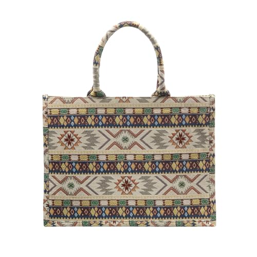 Leanoria Sacola grande de luxo retrô bordada jacquard bolsa de linho de algodão para mulheres, Estilo étnico, damasco