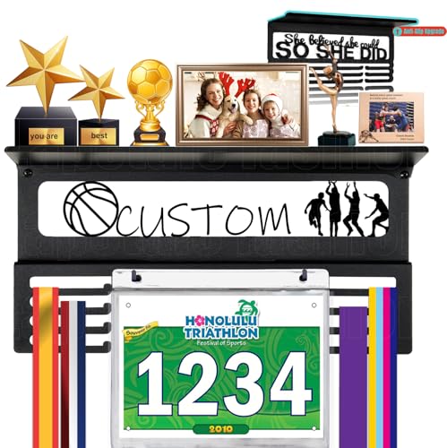 Image of Personalized Medal Holder with Name Display Rack for Awards Ribbons - Metal Custom Sports Race Plaques Hanger for Wall Mount Hold Up 63 Medal Hanger Display for Athlete Boy Girl Kid