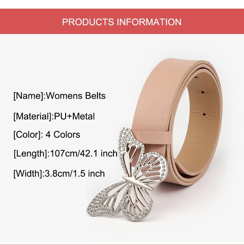 Womens Belts for Jeans Dresses Fashion Silver Rhinestone Butterfly Buckle Belt Black Brown Pink Off White4