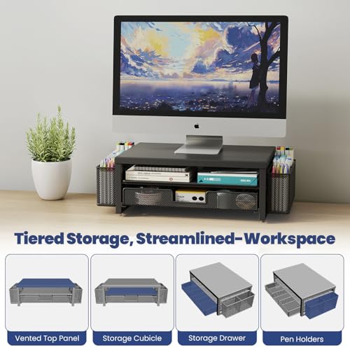 Metal Monitor Stand Riser with Drawer & 2 Pen Holders Storage for Desktop,2 Tier Computer Desk Organizer Stand for Laptop, Computer, iMac(Black) image 7