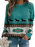 Sweaters for Women Fall Long Sleeve Crewneck Shirts Tops Western Ethnic Print Blouse Casual Pullover Loose Fit Lake Blue M
