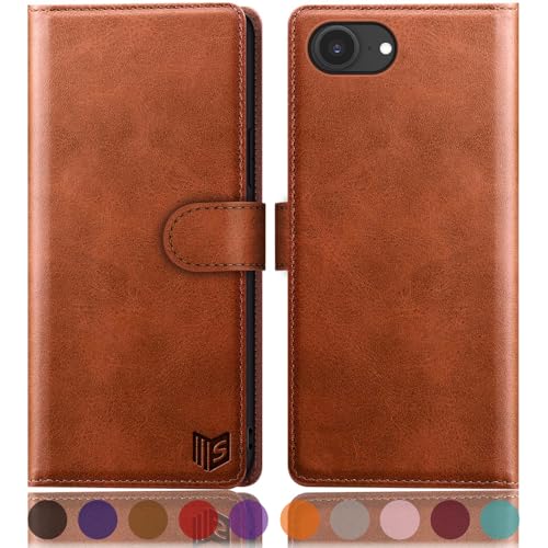 Étui iPhone 16e SUANPOT marron clair : coque à rabat en cuir avec porte-carte RFID pour Apple