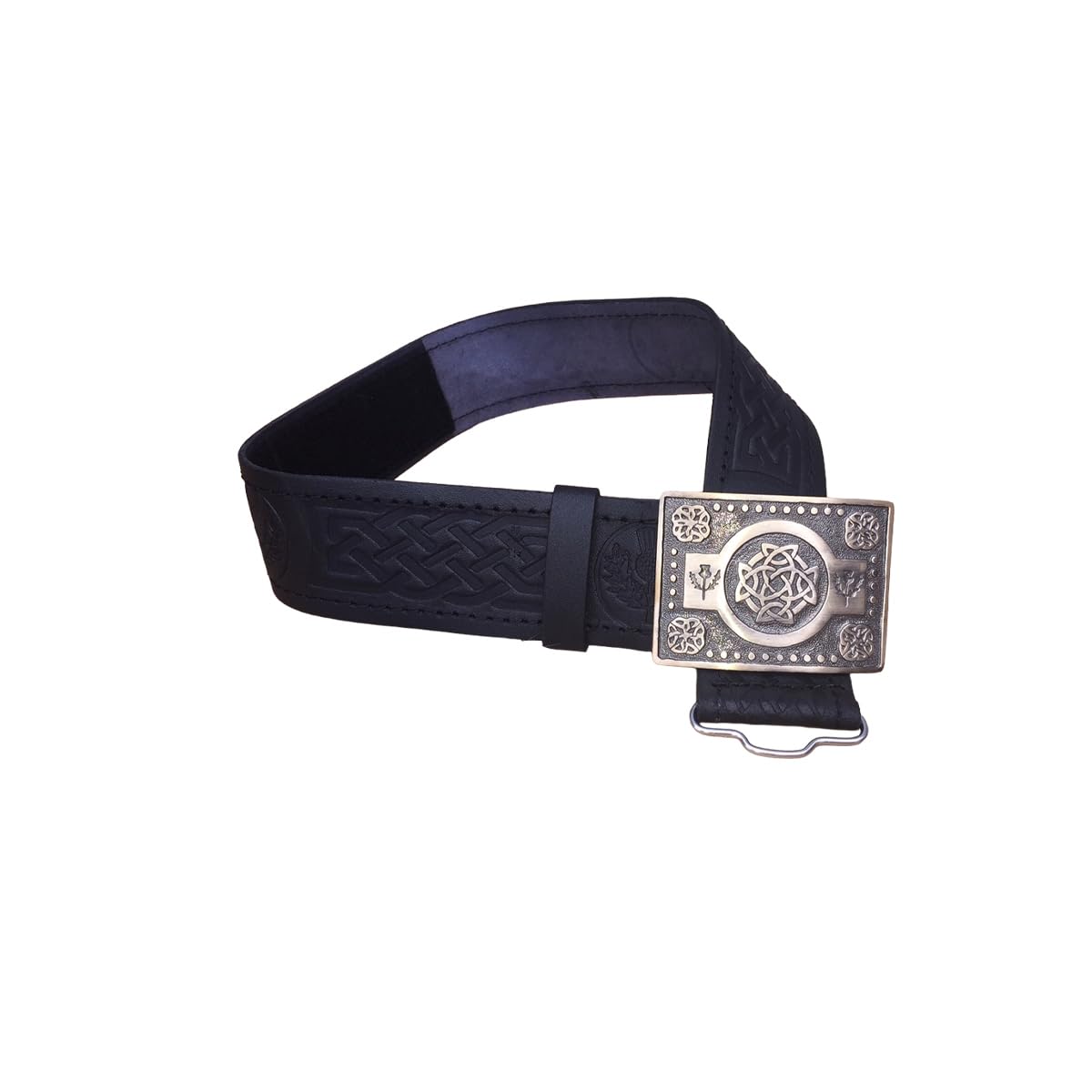 Black Leather Thistle Design Scottish Highland Kilt Belt With Antique Finish Buckle