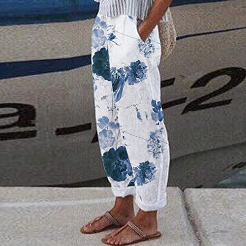 Potton High Rise Dressy Capri Pants For Women Wide Leg Linen Womens Capri Shorts Wide Leg Summer Casual With Pockets Cropped, Blue, Xx-Large #TOP1