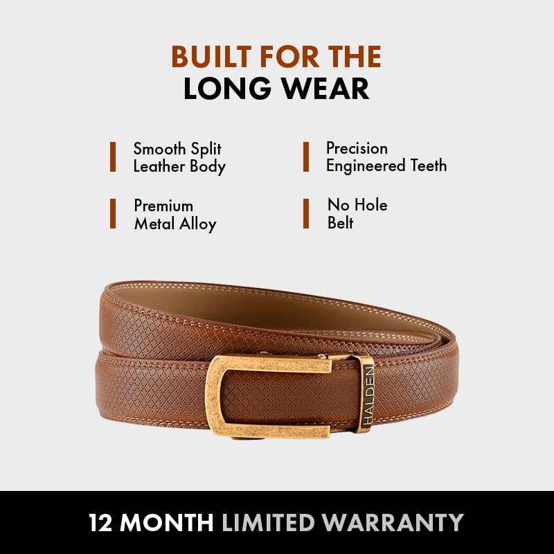 Image of HALDEN THEO Tan Belt For Men Leather Original (Adjustable Fits Up to 44 Inch Waist) Ratchet Strap with Classic Buckle & Magnetic Auto-lock