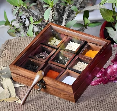 Image of WoodCity Wooden Glass Spice Box With Antique Lock Table In 9 Section Wooden Spice Rack Organizer and Masala Dabba Wooden Style Spice Storage Box