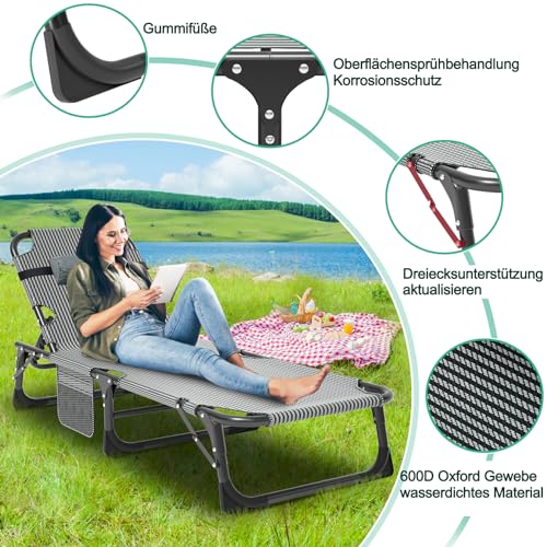 Ryuhic Tumbona plegable con colchón, soporta 200 kg, tumbona de jardín, tumbona con bolsillo lateral y reposacabezas, respaldo ajustable para balcón, jardín, playa - imagen 6