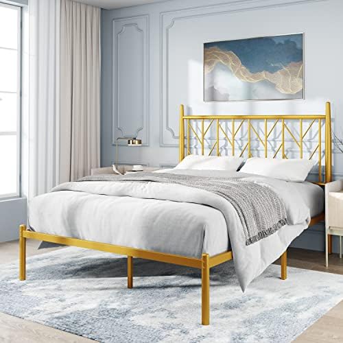 Vellieve Queen Metal Bed Frame with Vintage Headboard | Modern Platform Bed Frame | Heavy Duty Strong Slat Support | Matress Foundation | No Box Spring Needed | Gold