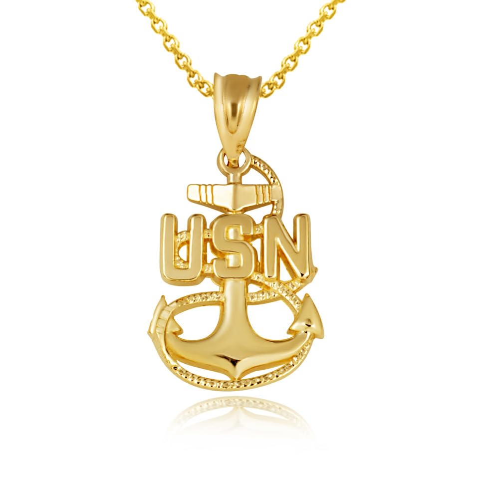 United States Navy Officially Licensed Chief Petty Officer Anchor Emblem Fine Pendant Necklace With Rolo Chain Real Solid 10Kt Gold