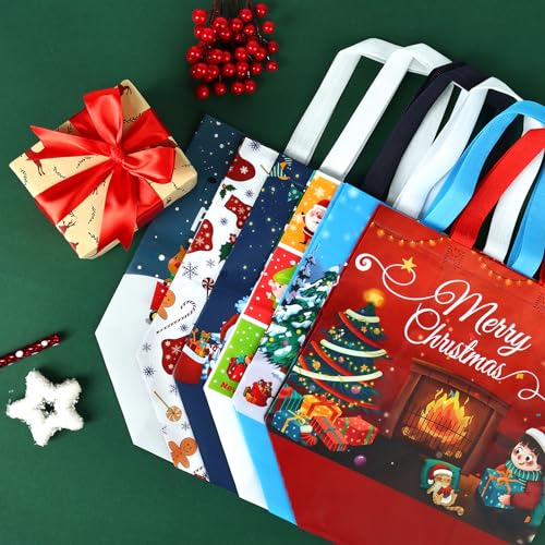 Image of JMANNI Gift Bags (6pc) - Christmas Bags with Tissue Paper & Cards, Non-Woven, Durable, Reusable, for Gifts Wrapping, Holiday Parties & Shopping