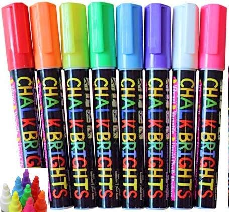 FANTASTIC CHALK PENS & MARKERS - 8 Pack BEST for Kids Art Menu Board Bistro Boards Non Porous Chalkboard Blackboard Whiteboard - Glass & Window Pens & Erasable Paint Marker with Reversible 6mm Fine or Chisel Tip - Bright Neon Coloured Plus (