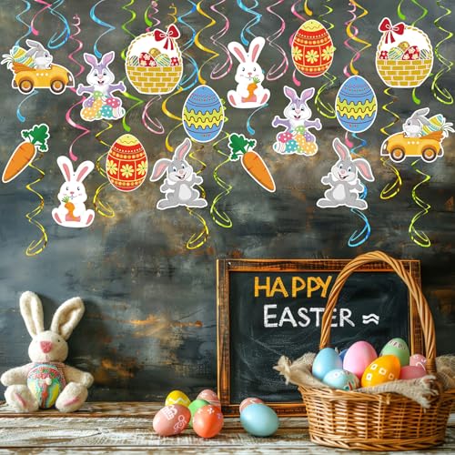 Image of Easter Party Decorations - 30 Pcs Easter Hanging Swirl No DIY Easter Egg Bunny Carrot Baskets Ceiling Decorations for Home Office Classroom Easter Party Supplies