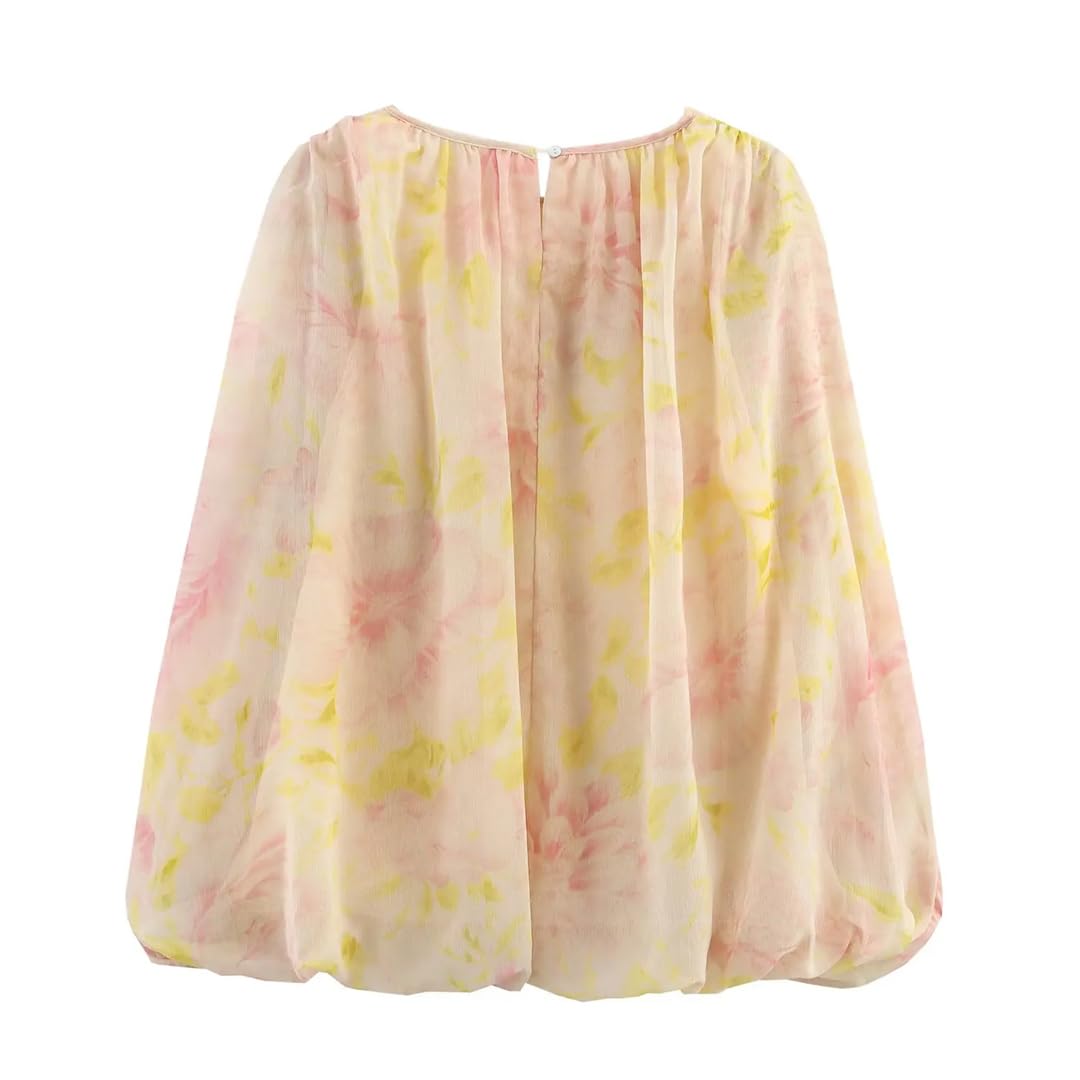 Chemisier décontracté translucide pour femme - Imprimé - Col rond - Manches bouffantes - Chemise plissée