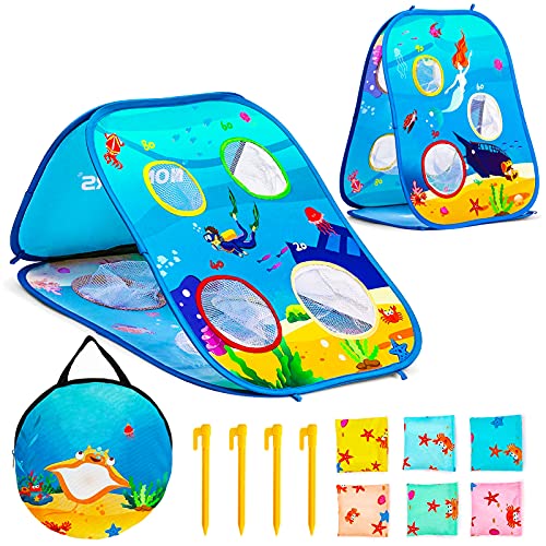 NONZERS Bean Bag Toss Game for Kids, Collapsible Bean Bag Toss Game Toy, Double Sided Portable Cornhole Boards, with 6 Ocean Theme Beanbags for Indoor Outdoor Toss Games