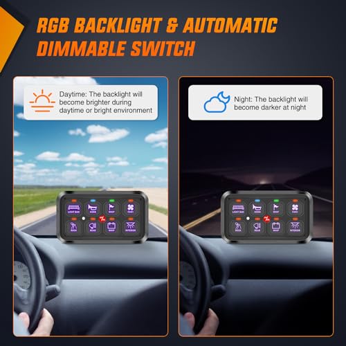 Image of Nilight 8 Gang Switch Panel Relay System w /APP Control Automatic Dimmable | RGB Backlight Panel Circuit Control Fuse Wiring Harness ON Off LED Switches Pod for 12V 24V Cars Trucks Campers SUV