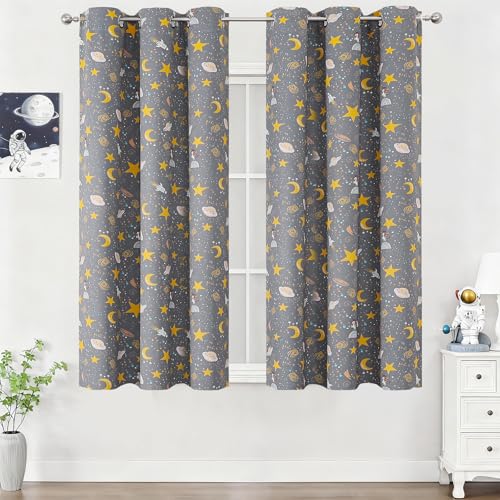 Image of Grey Unicorn Planet Room Darkening Curtains 54 Inch Long for Kids Bedroom | Estelar Textiler Thermal Insulated Blackout Star Moon Pattern Grommet Window Drapes for Toddler Room,Gray,W38 x L54,2 Panels
