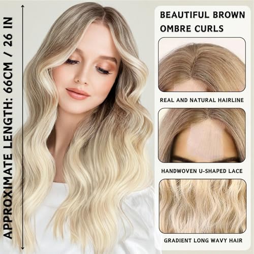 Long Wave Ombre Brown to Blonde Wigs for Women, 27’’ Long Curly Wigs Heat Resistant Natural Ombre Wig with Wig Net Synthetic Hair Wigs for Ladies Fancy Dress Party Cosplay Daily Use (Blonde) - Image 3