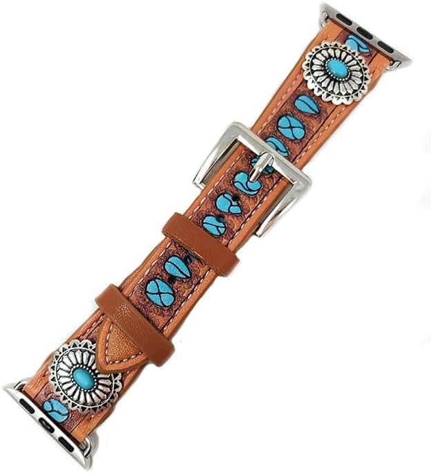 Compatible with Apple Watch Brown Leather Band 38/40 mm Western Boho Squash Blosssom (Turqouise) - Image 2